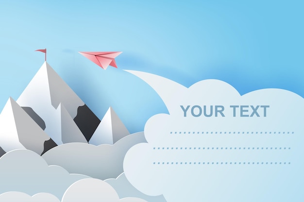 Aviões voando sobre montanhas no céu azul Design criativo Corte de papel e estilo de negócios
