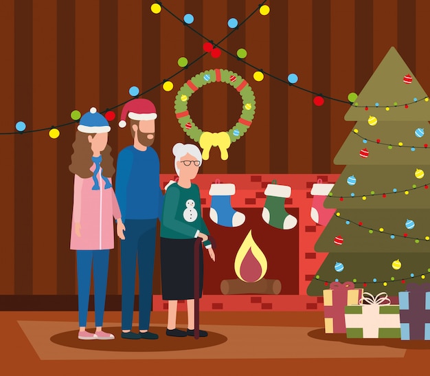avó bonita com jovem casal usando chapéu de Natal