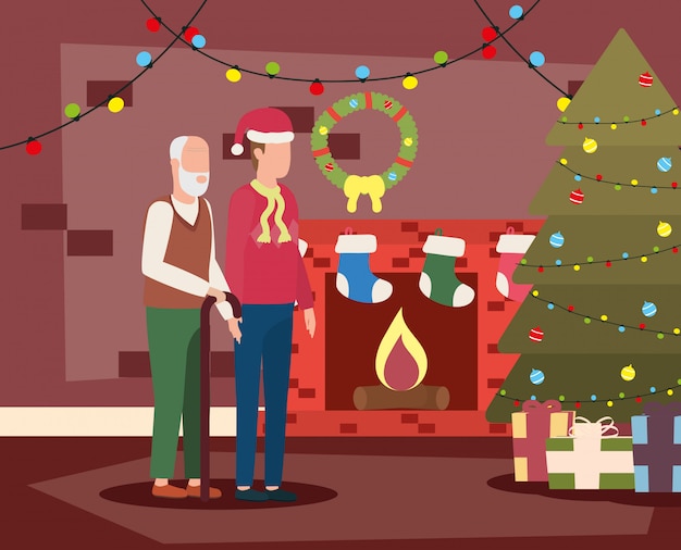 Avô bonitinho com o filho no quarto de Natal decorada