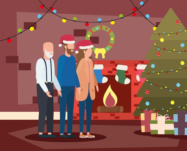 Avô bonito com jovem casal na sala de Natal decorada