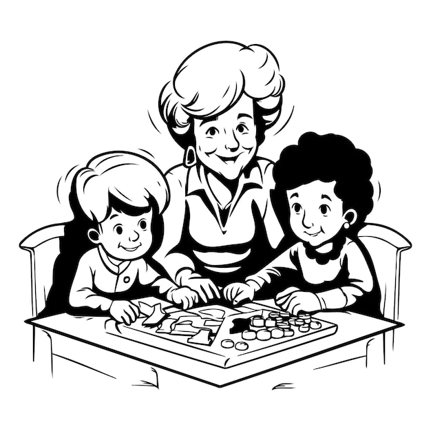 Vetor avó e netos jogando jogos de tabuleiro ilustração vetorial em preto e branco