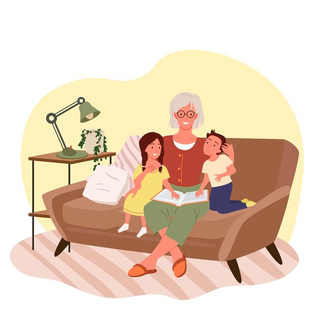 Avó lendo livro para crianças avó e menina menino sentado no sofá sofá