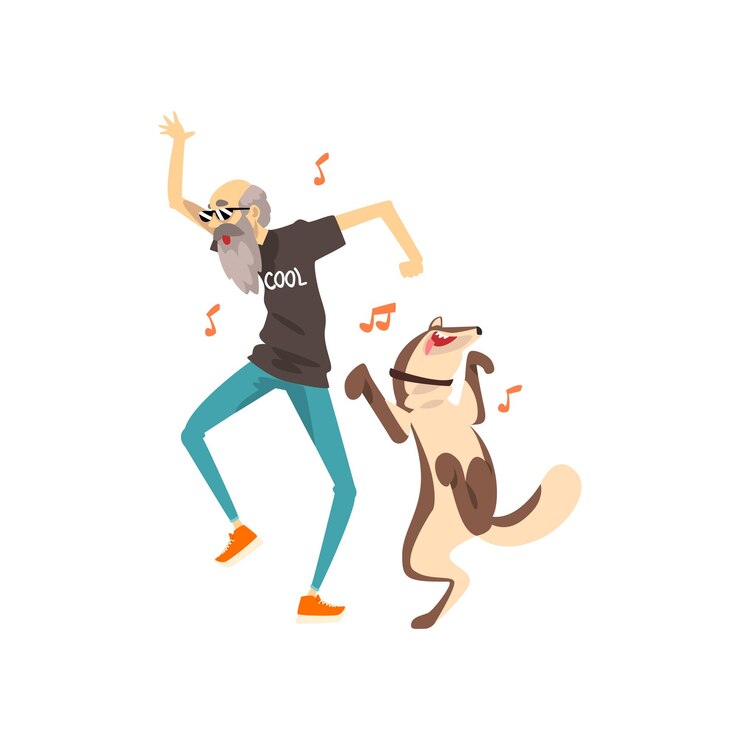 Vetor avô ouvindo música e dançando com seu cachorro solitário sênior e seu animal de estimação vetor ilustração isolado em um fundo branco