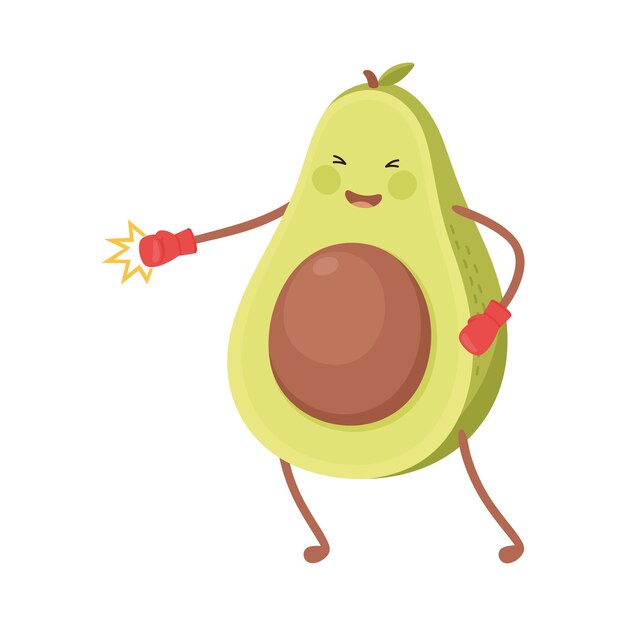 Avocado bonito Boxe com luvas Personagem de frutas engraçado Fazer esportes Alimentação saudável e estilo de vida Fitness conceito Ilustração vetorial de estilo de desenho animado