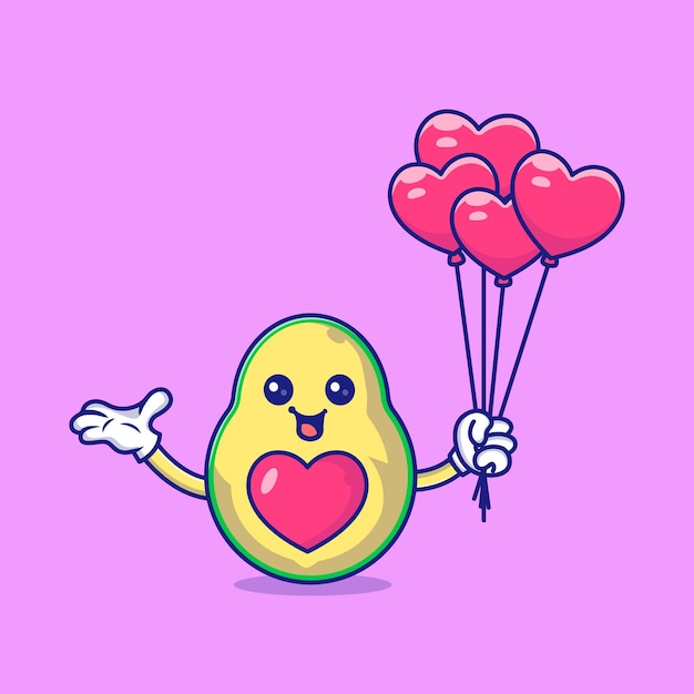 Vetor avocado bonito segurando balões de amor mascote personagem ícone vetor ilustração