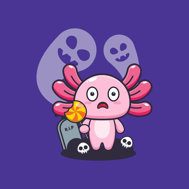 Vetor axolotl bonito assustado com fantasma no dia de halloween. ilustração bonito dos desenhos animados de halloween.