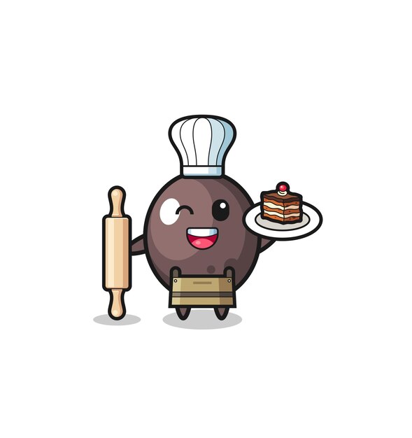 Azeitona preta como mascote do chef de pastelaria segura o rolo