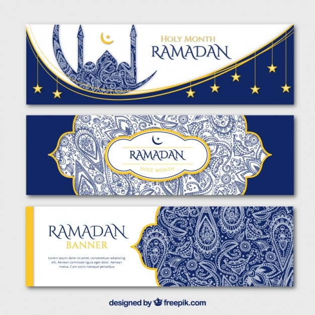 Azul bandeiras ramadan ornamentais com detalhes dourados