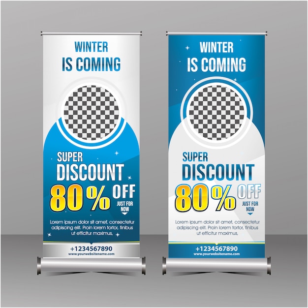Azul e branco moderno geometria permanente rollup banner modelo super oferta especial venda desconto, promoção de venda de inverno