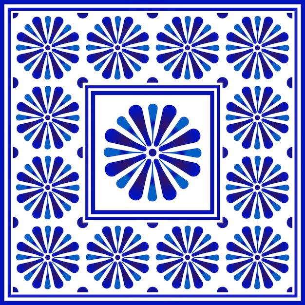 Azul e branco padrão floral, porcelana chinesa e japonesa decorativa, design de teto sem costura cerâmica, grande elemento de flor no centro é o quadro, design bonito da telha