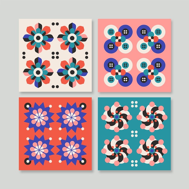 Vetor azul, rosa, laranja e turquesa, azulejos de piso de cerâmica, ornamentos, padrão sem costura