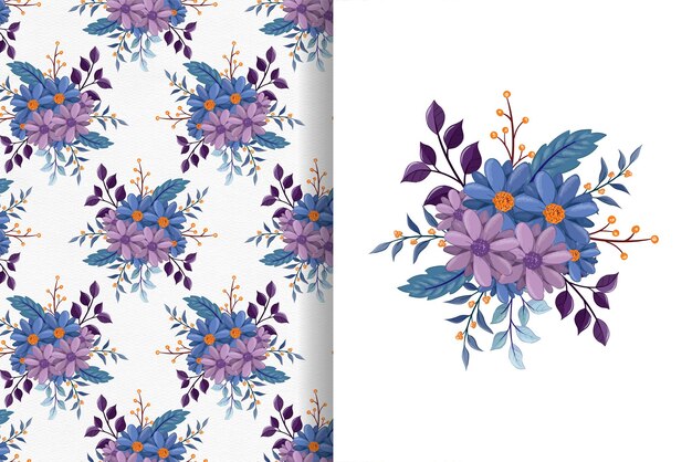 Azul roxo floral aquarela sem costura padrão