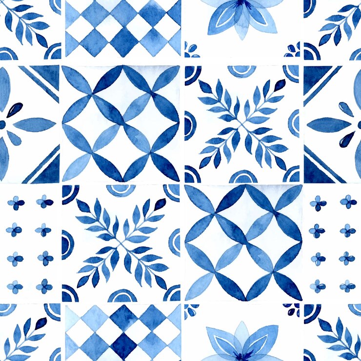 Vetor azulejo azul rústico aquarela sem costura padrão