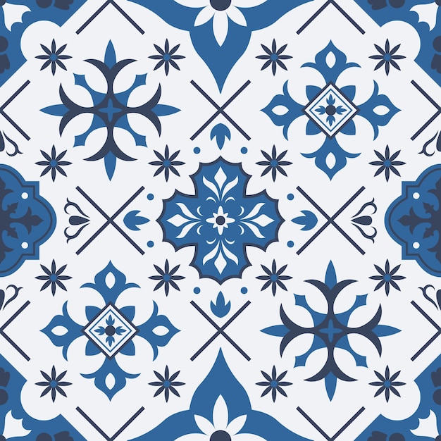 Vetor azulejo tradicional, padrão sem emenda da telha cerâmica mediterrânea talavera. ilustração em vetor porcelana cerâmica telha étnica. padrão de mosaico de retalhos. azulejo cerâmico tradicional, talavera portuguesa