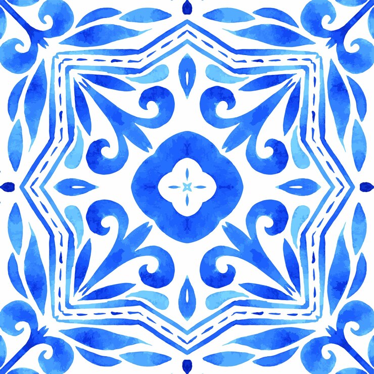 Vetor azulejos azulejo azul aquarela padrão ornamento tradicional