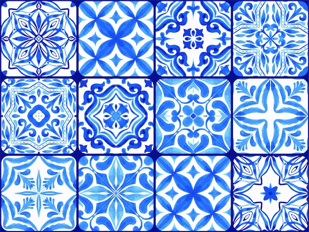 Azulejos azulejos portugueses padrão de aquarela azul coleção de azulejos de variedade