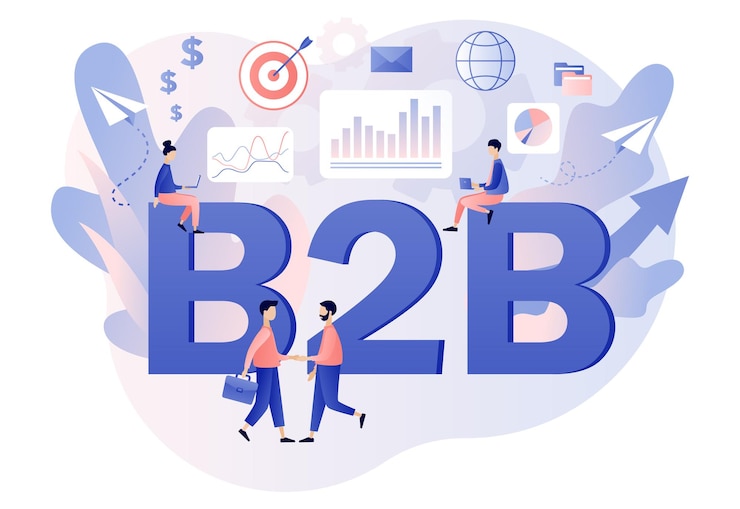 Vetor b2b business to business grande texto colaboração empresarial bem sucedida empresários minúsculos entram