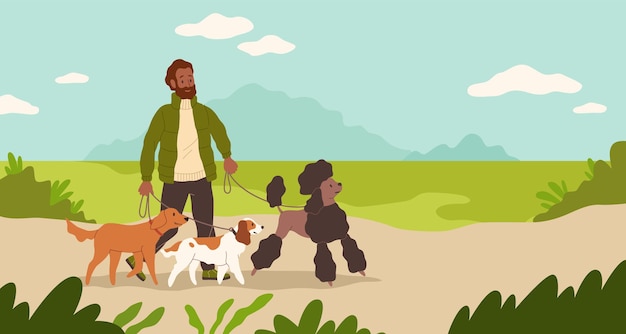 Babá Homem dos desenhos animados passeando com cães no parque Personagem masculino leva filhotes na coleira Babá cuida de animais de estimação Jovem com animais domésticos ao ar livre Atividade de groomers ilustração vetorial