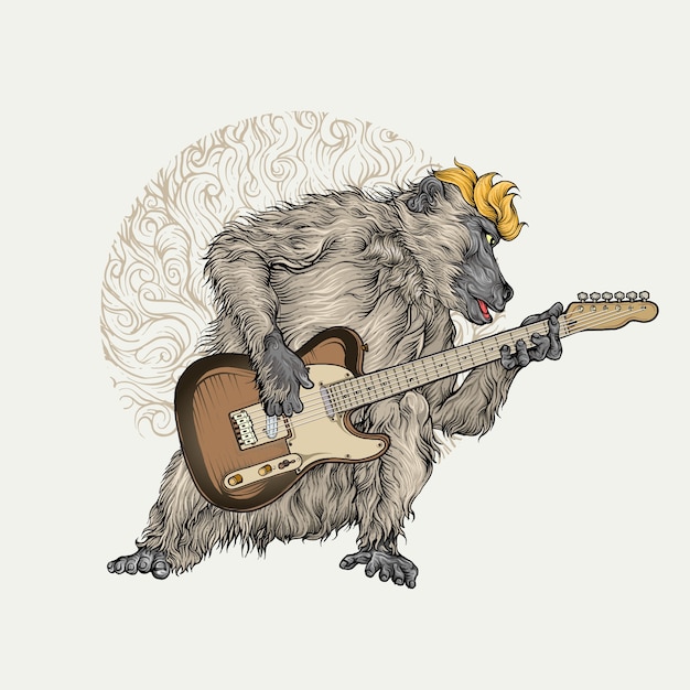 Babuíno tocando guitarra elétrica na cor desenho à mão