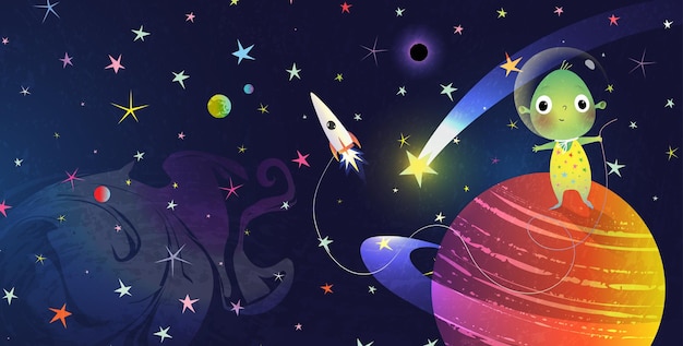 Vetor baby alien ou extraterrestre em um planeta no espaço e uma nave espacial cute alien no espaço em um fundo estrelado com estrelas cadentes ilustração para crianças gráfico vetorial de fantasia infantil