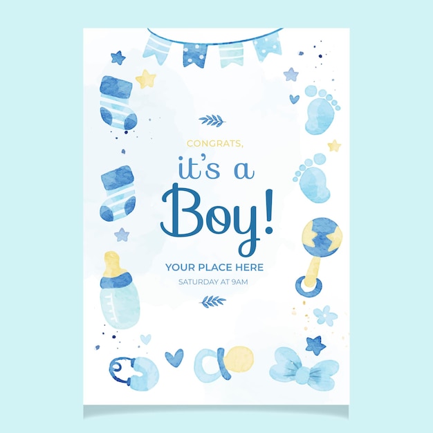 Baby boy blue flyer invitation em estilo aquarela
