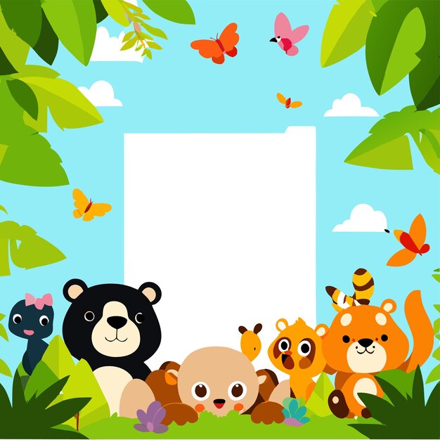 Vetor baby kid nature animal forest frame desenhado à mão plano elegante adesivo de desenho animado conceito de ícone isolado