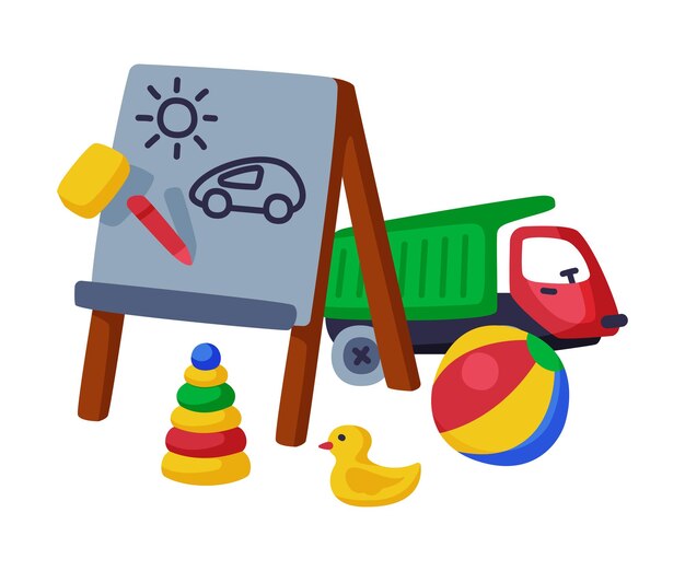 Vetor baby toys set pyramid easel truck duck objetos bonitos para crianças desenvolvimento e entretenimento ilustração vetorial de desenho animado em fundo branco