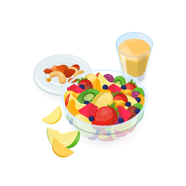 Vetor bacia de salada feita de frutas exóticas frescas, copo de suco de laranja e nozes deitado no prato isolado. saborosa refeição caseira, café da manhã saudável. ilustração vetorial colorida.