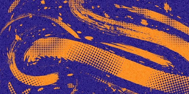 Vetor background de esportes abstratos com textura de pincel azul e laranja e efeito de meio tom retro grunge background para design de banner ou cartaz