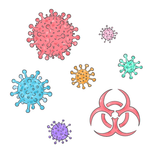 Bactérias de doodle Covid19 Amostra de vírus Sinal de risco biológico Proteção de coronavírus Covid19 Rabiscos médicos