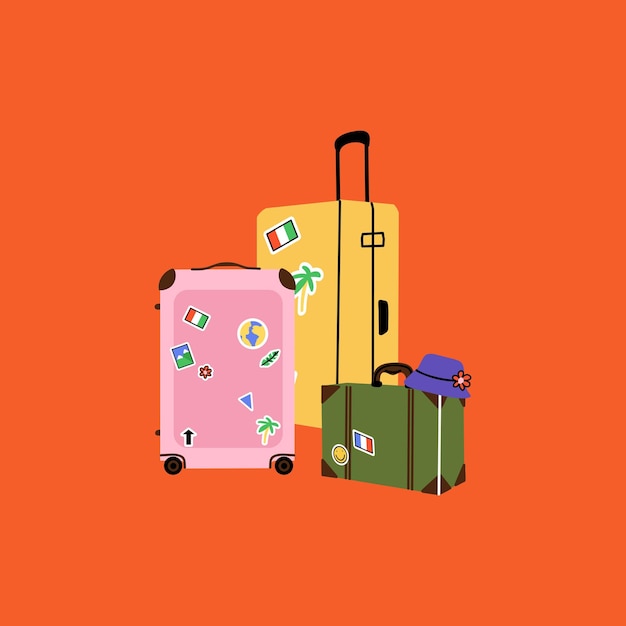 Bagagem com adesivos Maleta de viagem Bagagem de viagem Bolsa de mão de bagagens de passageiros e caixa acessório de viagem colorido brilhante Doodle minimalista desenho animado vetorial de tendência plana ilustração isolada