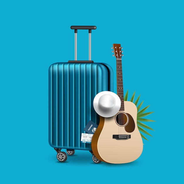 Vetor bagagemchapéu de guitarra acústica e passaporte colocados em um fundo azul para projetar ideias de turismovetor 3d virtual para design de publicidade de viagens