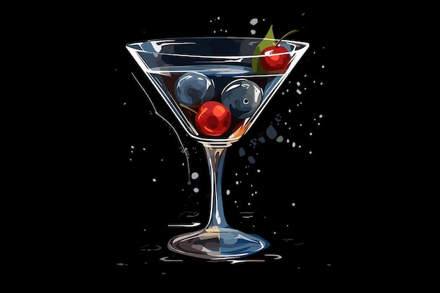 Bagas de cereja em uma taça de martini em fundo preto em tons