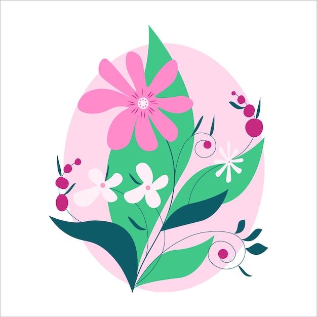 Bagas de flores pintadas e folhas em uma imagem vetorial de fundo rosa