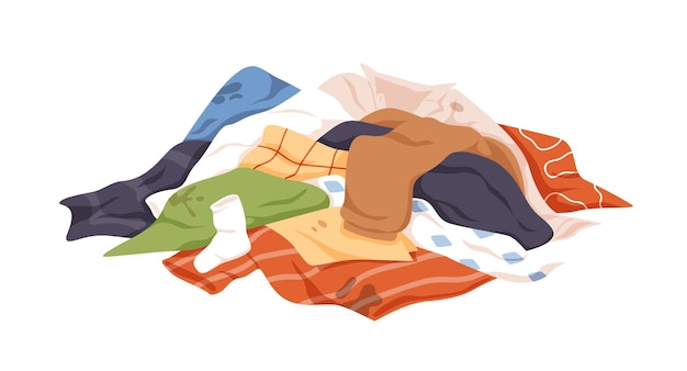 Bagunça de roupa suja. pilha de roupas manchadas desarrumadas. monte de roupas íntimas manchadas, toalhas, camisetas e outras roupas fedorentas. ilustração em vetor plana colorida isolada no fundo branco.