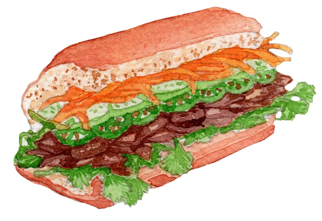 Vetor bahn mi ilustração em aquarela