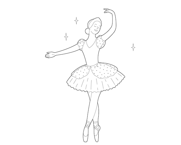 Vetor bailarina dançando em tutu e sapatilhas de ponta livro para colorir ilustração de contorno no fundo branco