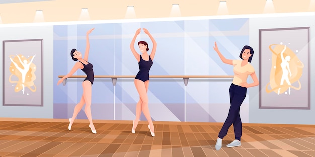 Bailarinas dançando com treinador em estúdio na classe de design de interiores da escola de balé mulheres bonitas em diferentes poses no corrimão durante a aula