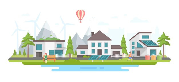 Bairro da cidade ecológico - ilustração em vetor estilo design plano moderno sobre fundo branco. Linda paisagem com pequenos edifícios, árvores, moinhos de vento, lago, pessoas, painéis solares, montanhas, lixeiras