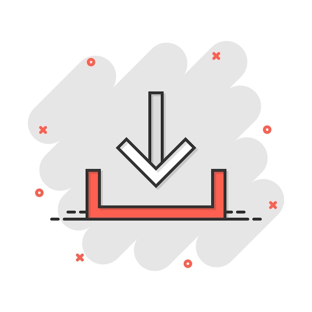 Vetor baixe o ícone de arquivo em estilo cômico seta para baixo baixando o pictograma de ilustração de desenho vetorial baixar o efeito de respingo do conceito de negócios