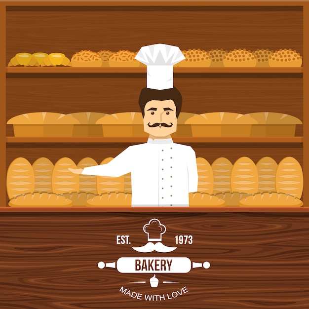 Baker atrás do design do balcão com homem bigodudo e prateleiras de madeira de pão