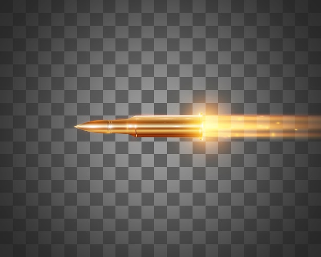 Bala voadora realista com um tiro de lança-chamas isolado em um fundo transparente, conjunto de tiros de bala em movimento