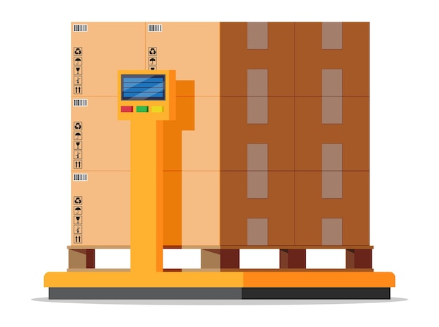 Balanças de peso de carga industrial. peso das mercadorias. logística e distribuição, embalagem de encomendas, caixas de papelão. escala com caixa isolada no branco. serviço de armazém, entrega. ilustração vetorial plana