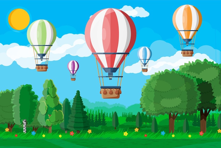 Vetor balão de ar quente no céu com nuvens e sol transporte aéreo vintage fundo ao ar livre da natureza aeróstato com cesta ilustração vetorial plana