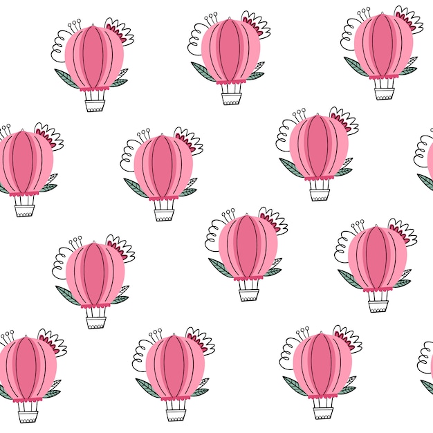 Vetor balão de ar quente rosa com padrão sem emenda de flores em estilo doodle.