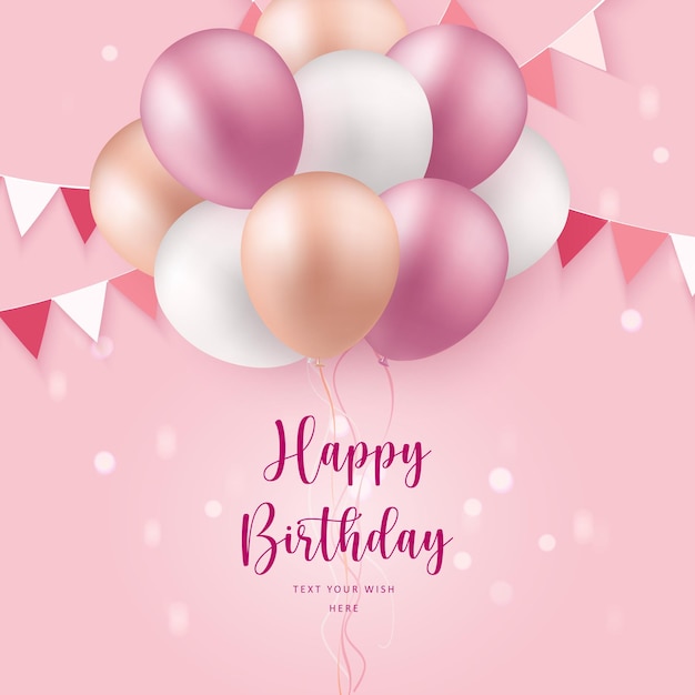 Balão de cor rosa rosa pastel elegante e fita de popper de festa fundo de modelo de banner de cartão de celebração de feliz aniversário