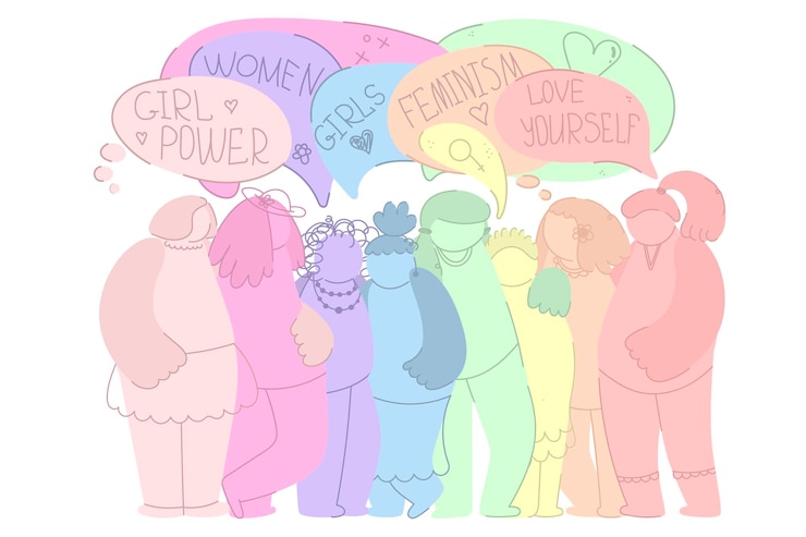 Vetor balão de fala dos desenhos animados das mulheres do grupo dia internacional da mulher ame a si mesmo girl power quebre o preconceito movimento contra a discriminação desigualdade feminismo dia internacional da mulher