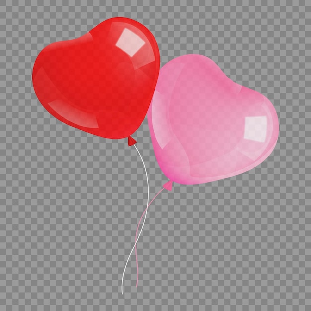 Balão em forma de coração e balão png de cor rosa vermelha em um fundo transparente