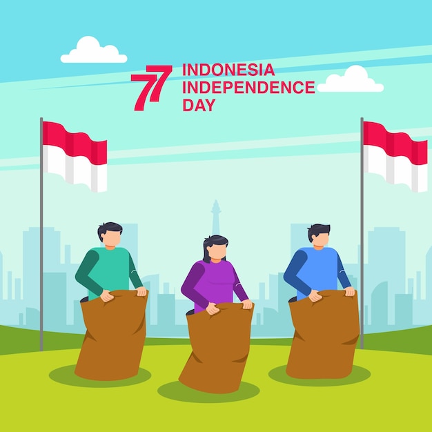 Vetor balap karung ou jogo de corrida de saco para comemorar o dia da independência indonésia