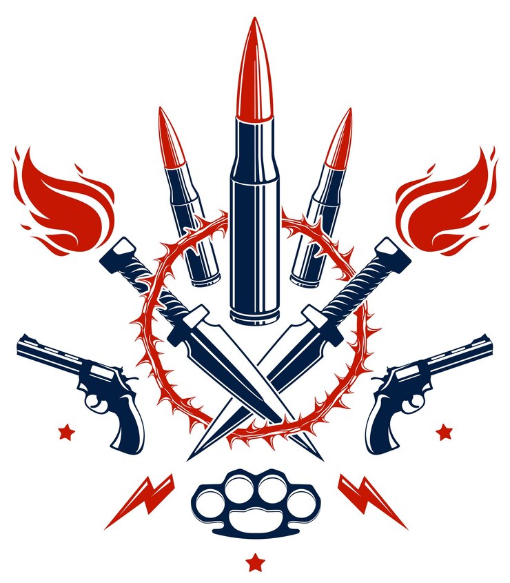 Vetor balas e armas vetoriais emblema da revolução e guerra, logotipo ou tatuagem com muitos elementos de design diferentes, conceito de anarquia e caos, estilo criminoso e gangster, tema de tensão social.